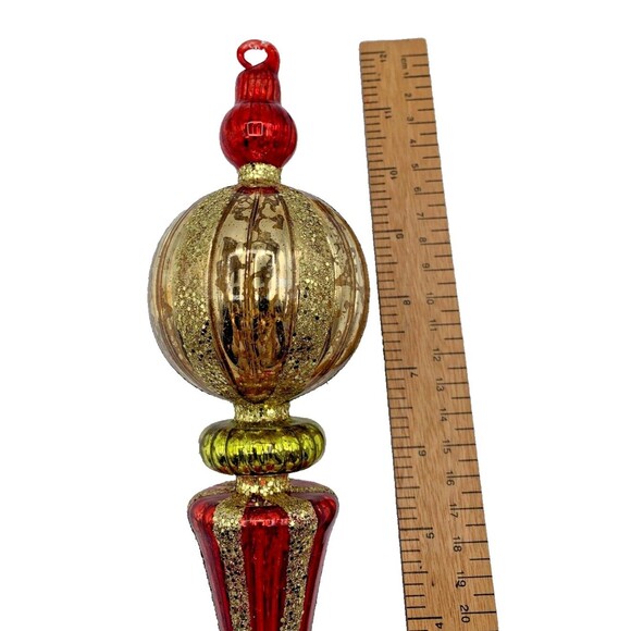 12” Vintage Red Gold Blown Glass Finial Christmas Tree Ornament Glitter - Picture 5 of 7